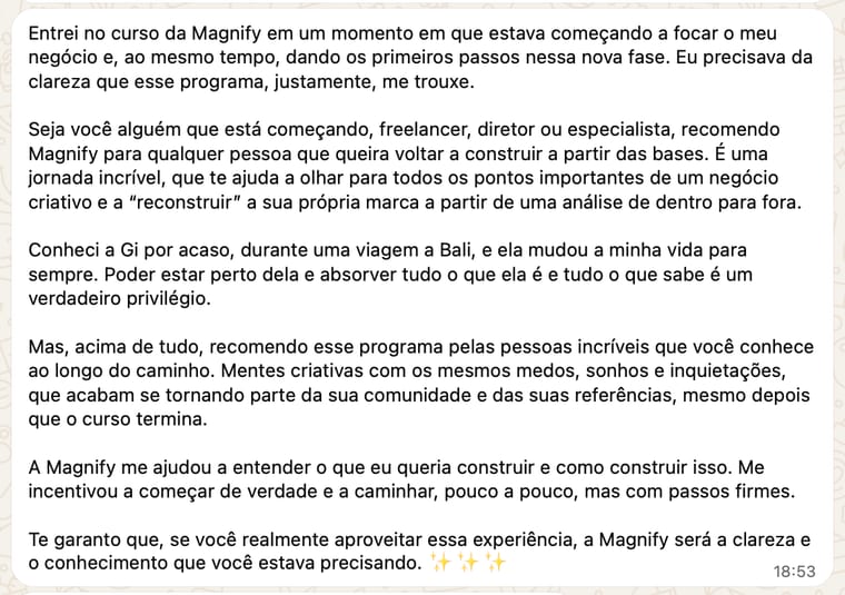 Print de mensagem de aluna sobre o programa Magnify